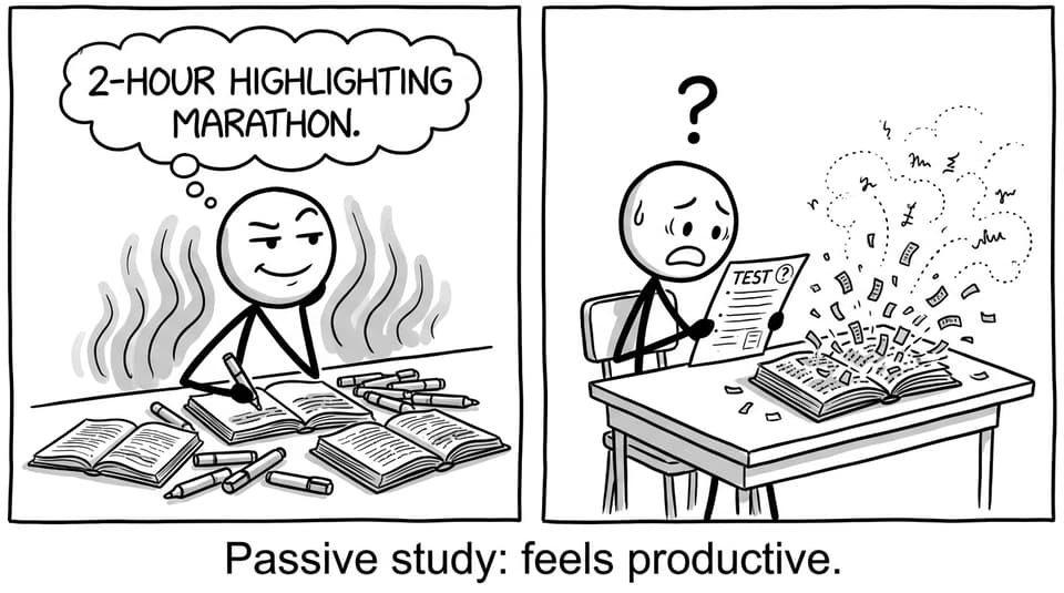 Two-panel comic about highlighting vs exam reality