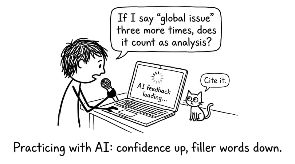 Student practicing an oral with AI feedback humor