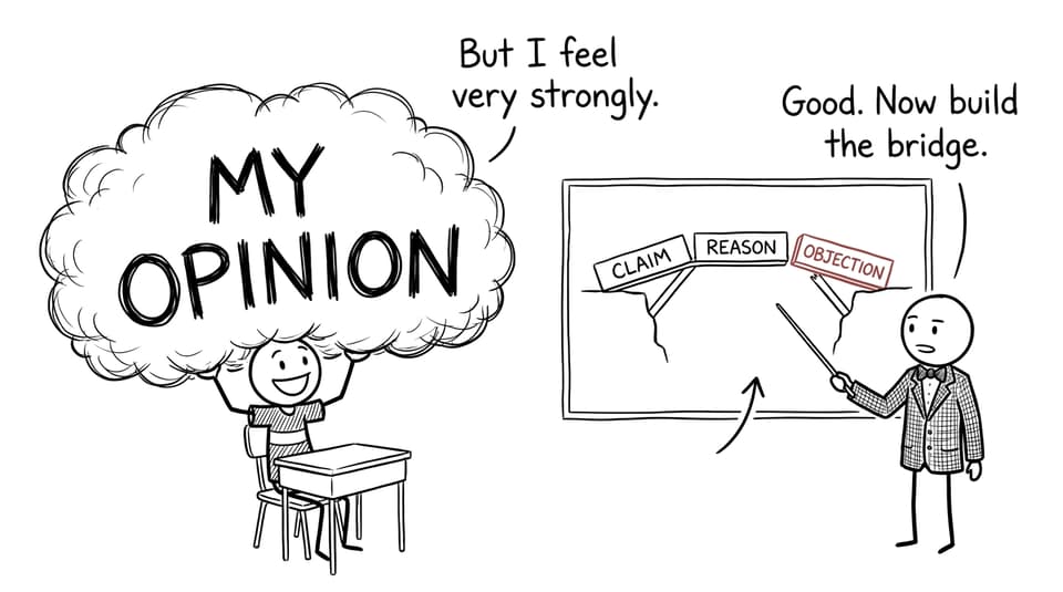 A student learns that a strong opinion still needs a bridge of claims, reasons, and objections