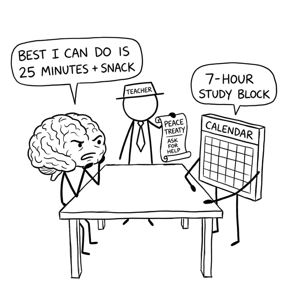 A brain and calendar negotiating a 25-minute study block
