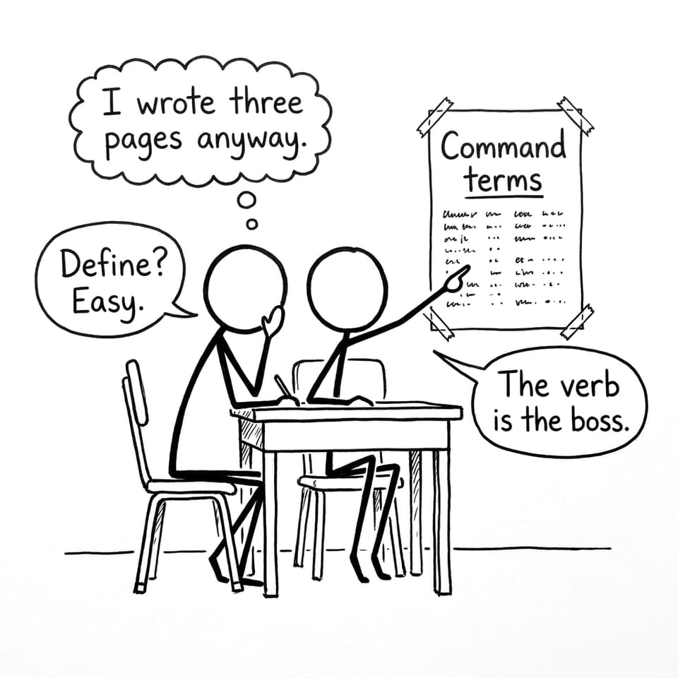Two students at an exam desk. One says “Define? Easy.” Another points to a “Command terms” poster saying “The verb is the boss.”