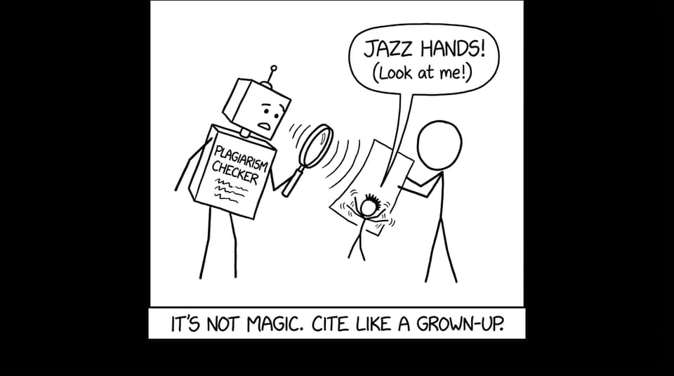 Plagiarism checker robot distracted by jazz-hands footnote