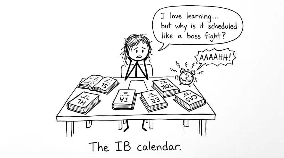 A student facing six IB components like a boss fight
