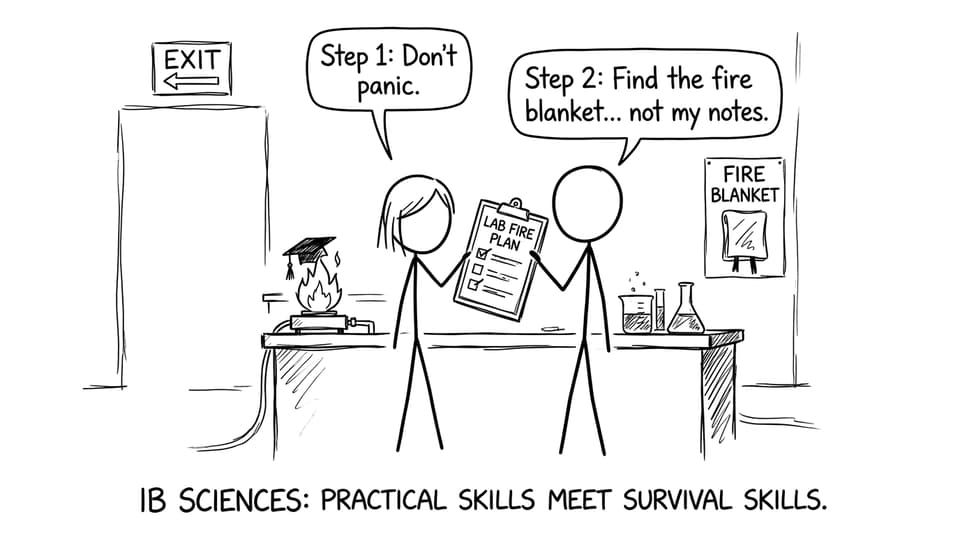 Two IB students holding a lab fire checklist in XKCD style