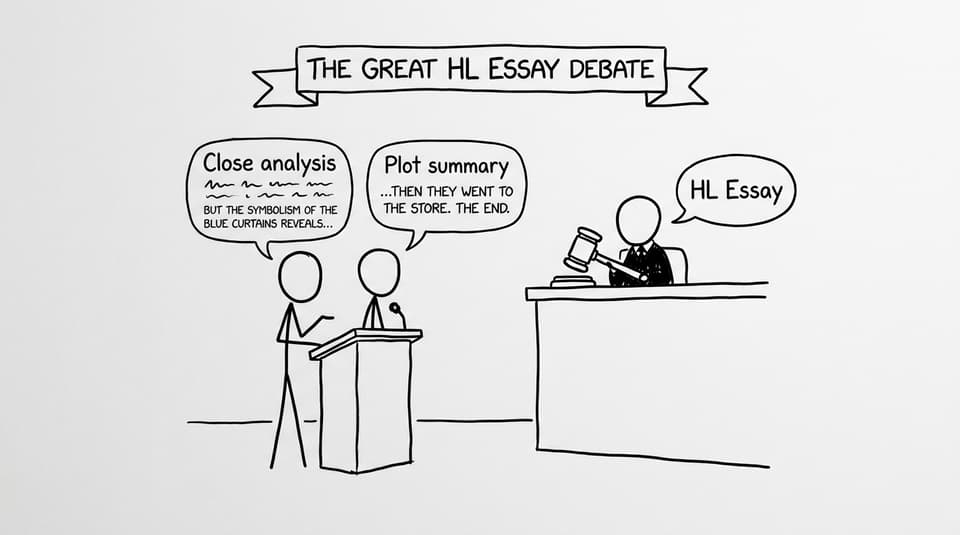 Close analysis debates plot summary in a courtroom labeled “HL Essay”