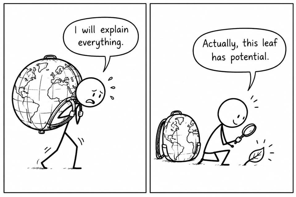 A student replaces an enormous globe-sized research burden with a magnifying glass focused on one promising leaf