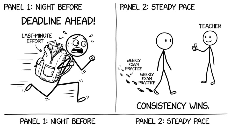 Last-minute sprint vs steady practice joke