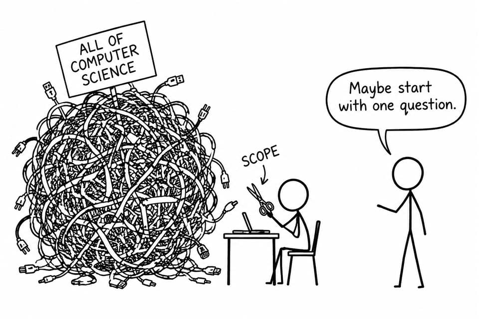 A student uses scissors marked scope to approach an enormous tangled ball representing all of computer science