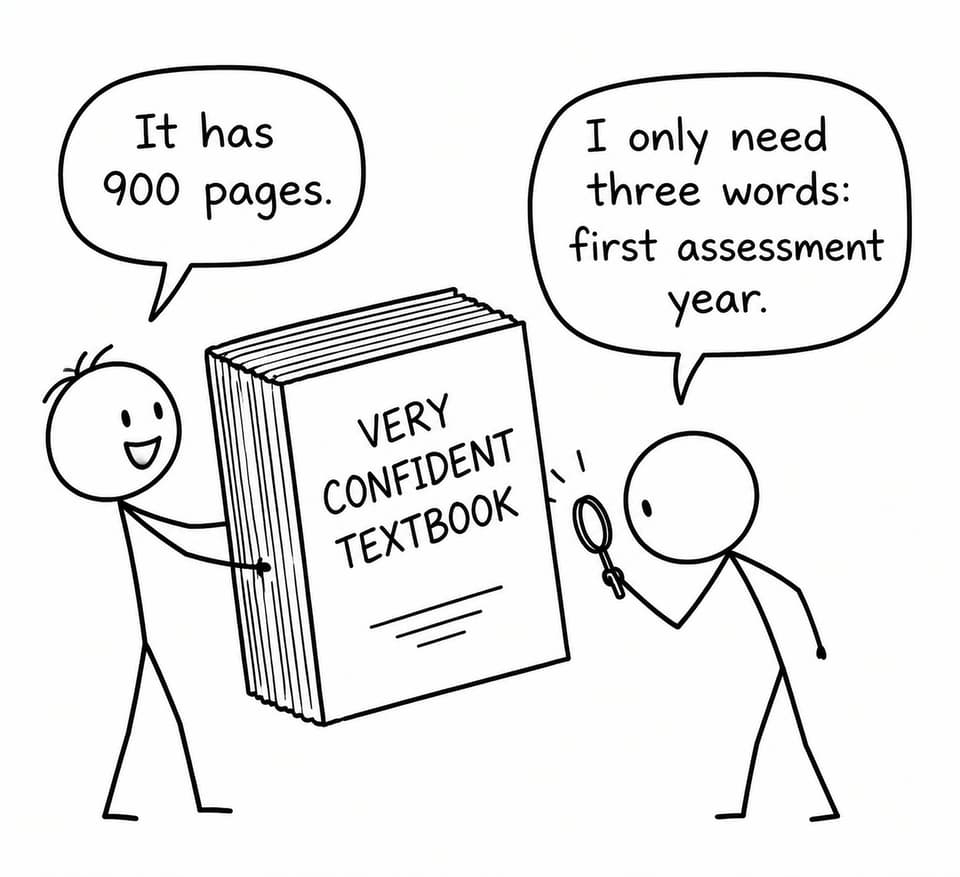A student holds an enormous textbook while another searches its cover for the first-assessment year