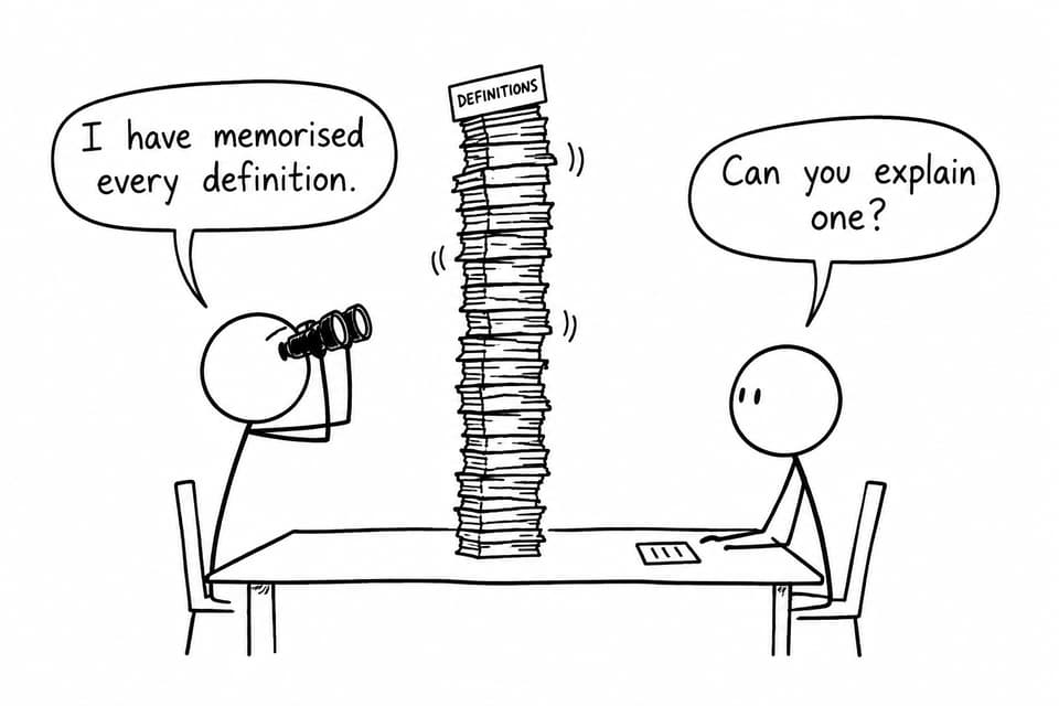Two students compare memorising definitions with being able to explain them
