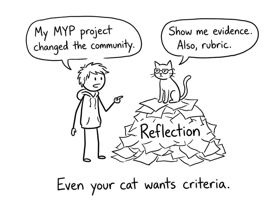 Student presenting to a skeptical cat with rubric