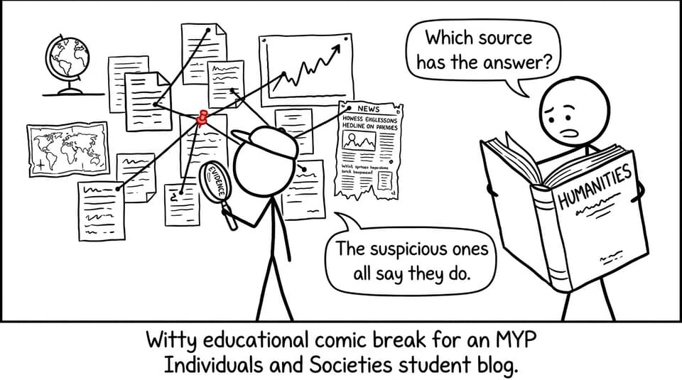 An MYP student detective examining an absurd wall of sources while a parent asks which one has the answer