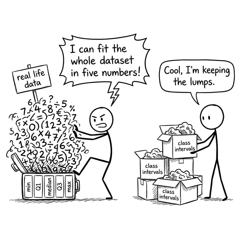 Squeezing data into five numbers vs keeping the lumps