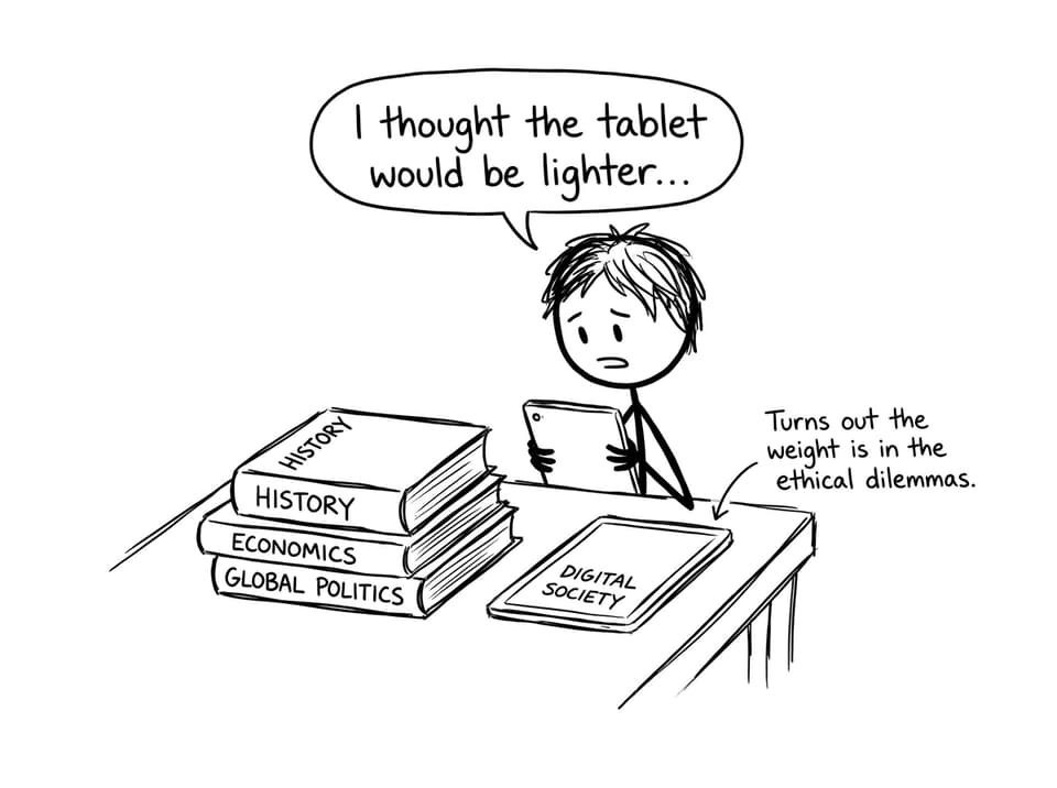 Student choosing between Group 3 books and Digital Society tablet