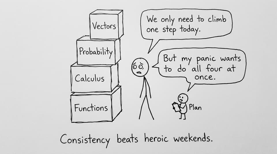 Stick figure student facing mountain of topics