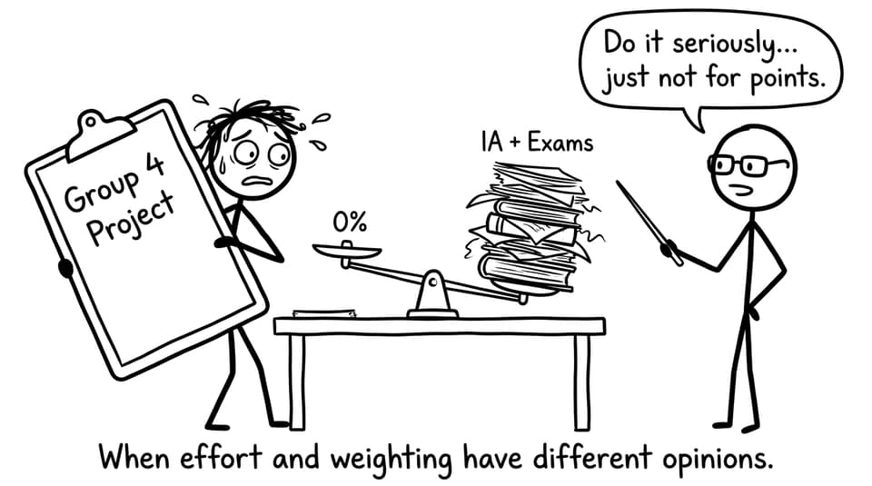 Comic about Group 4 project weighting being 0%