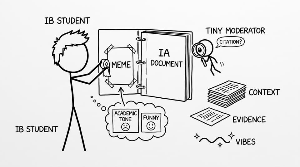 Stick figure student pastes a meme into an IA while a moderator asks for citation