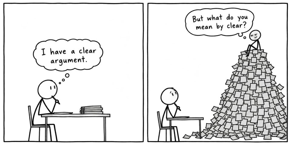A philosophy student confidently claims to have a clear argument before being confronted by a towering pile of questions about what clear means