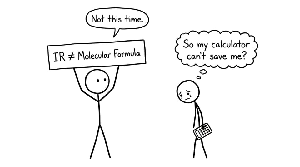 Teacher holding a sign about IR not giving molecular formula