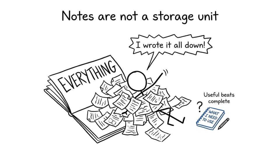 XKCD-style comic showing a student buried under excessive notes while a smaller useful notebook sits nearby