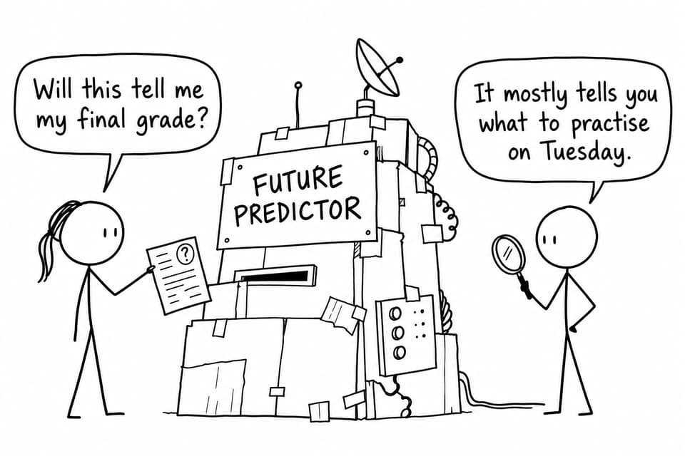 Two students examine a mock exam beside a cardboard future predictor machine