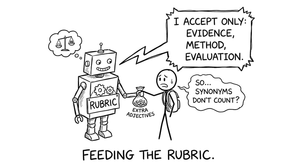 IB rubric comic: paying with adjectives