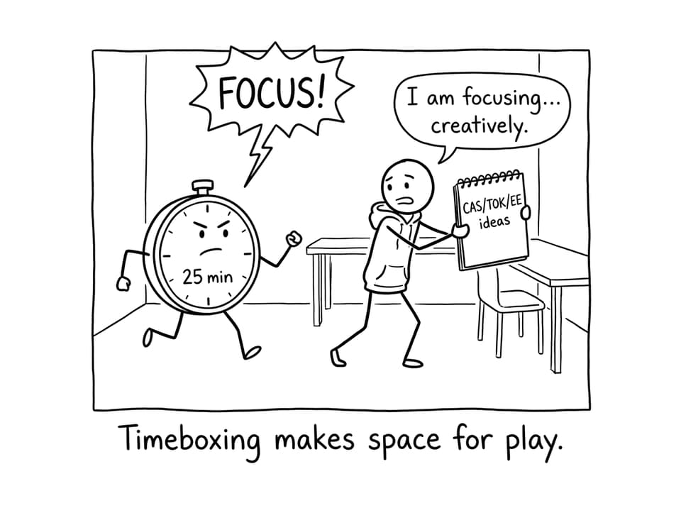 Timer chasing student with sketchbook shield