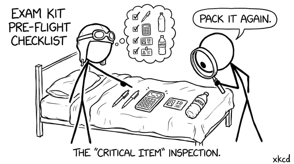 Pilot-style exam kit checklist with a nervous calculator getting inspected
