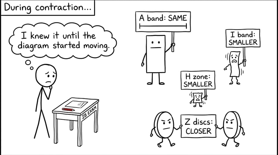 Comic showing how sarcomere bands change during contraction