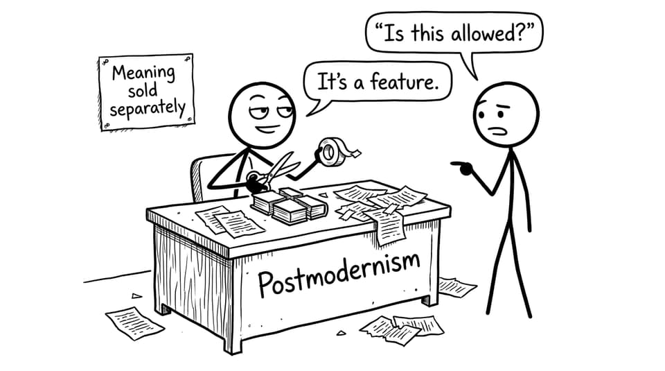 A writer calls Postmodernism “a feature” while cutting up a book