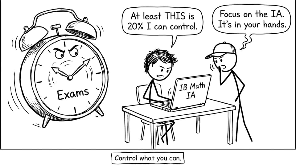 Student opens IB Math IA while Exams alarm clock approaches