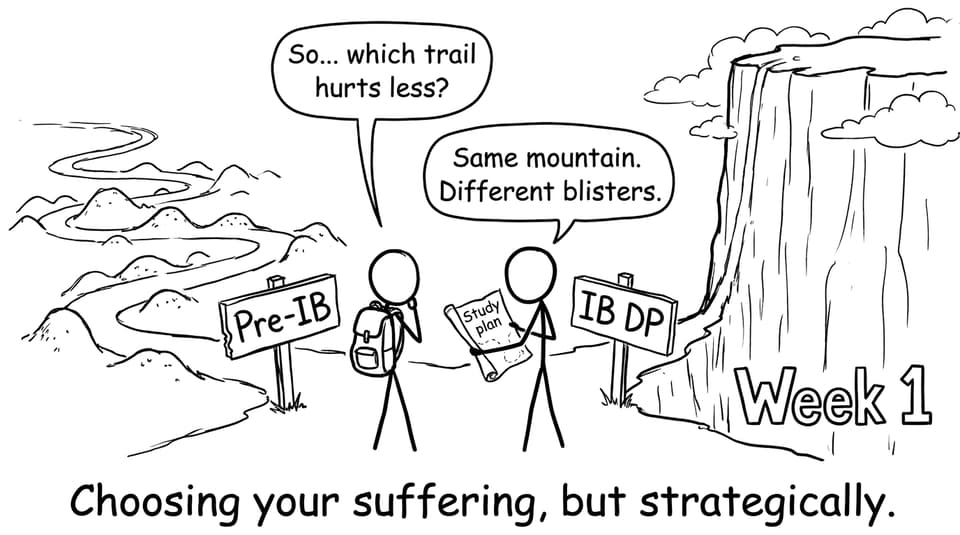 A funny comic about choosing Pre-IB vs IB DP hiking trails