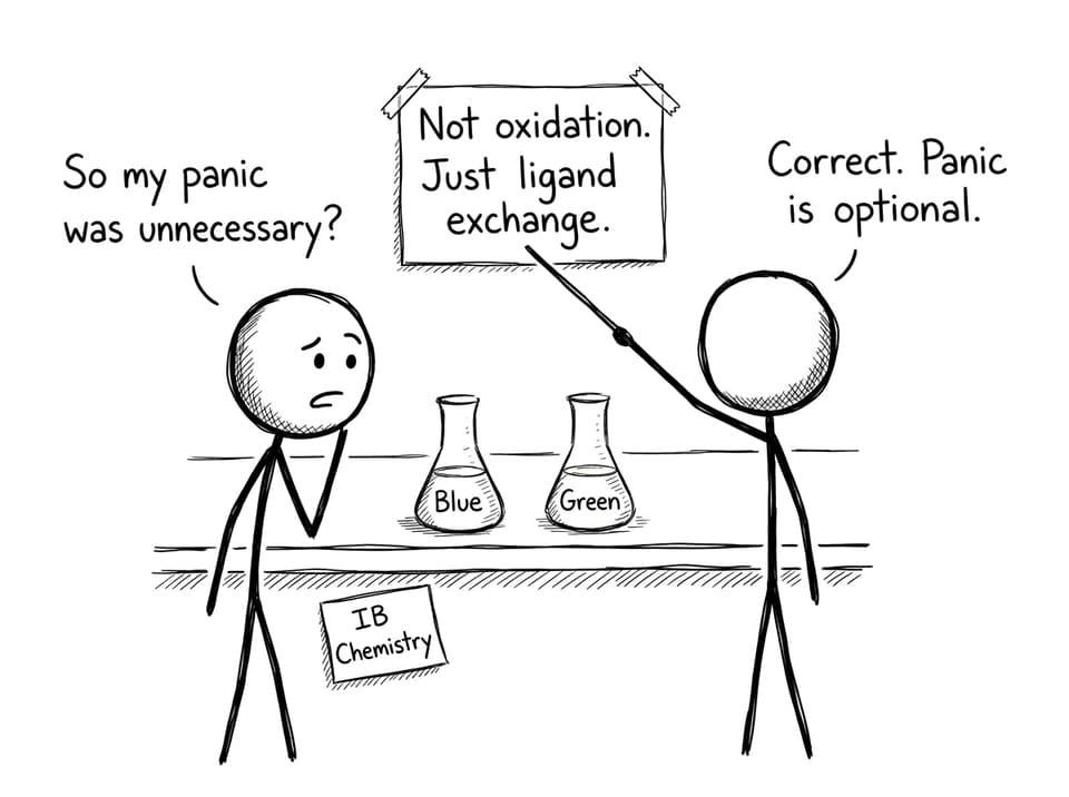 IB Chemistry joke: not oxidation, ligand exchange