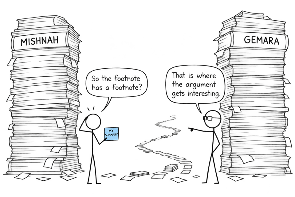 A student with a tiny summary faces towering Mishnah and Gemara book stacks while a teacher points toward the argument between them.