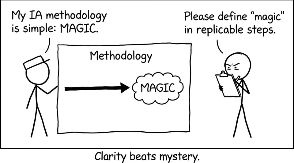 A student calls their IA methodology “magic,” examiner asks for replicable steps