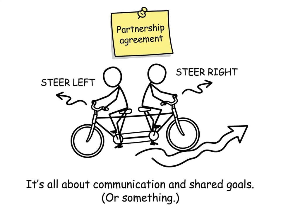 Two partners steering one bike in opposite directions