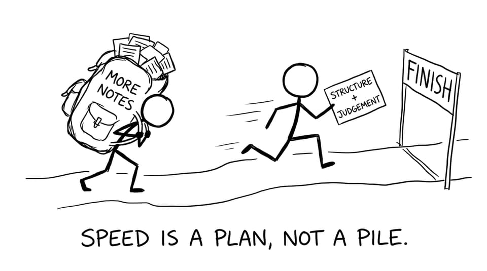 Two racers: one carrying “more notes”, one carrying “structure + judgement”