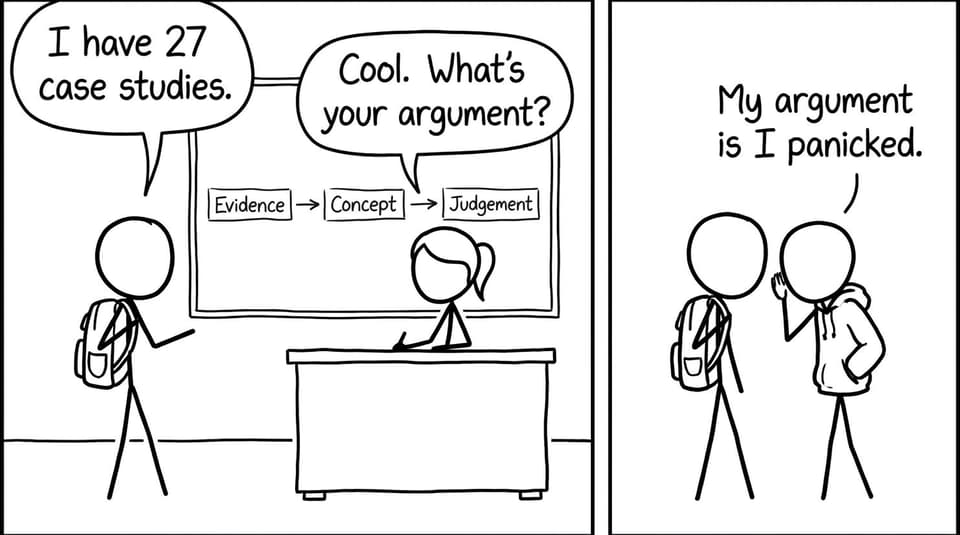A funny comic about having many case studies but no argument