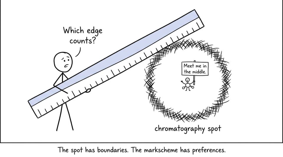 A student discovers that chromatography spots should be measured to their centers