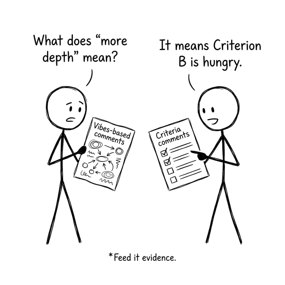 Two students compare vibes-based comments vs criteria comments