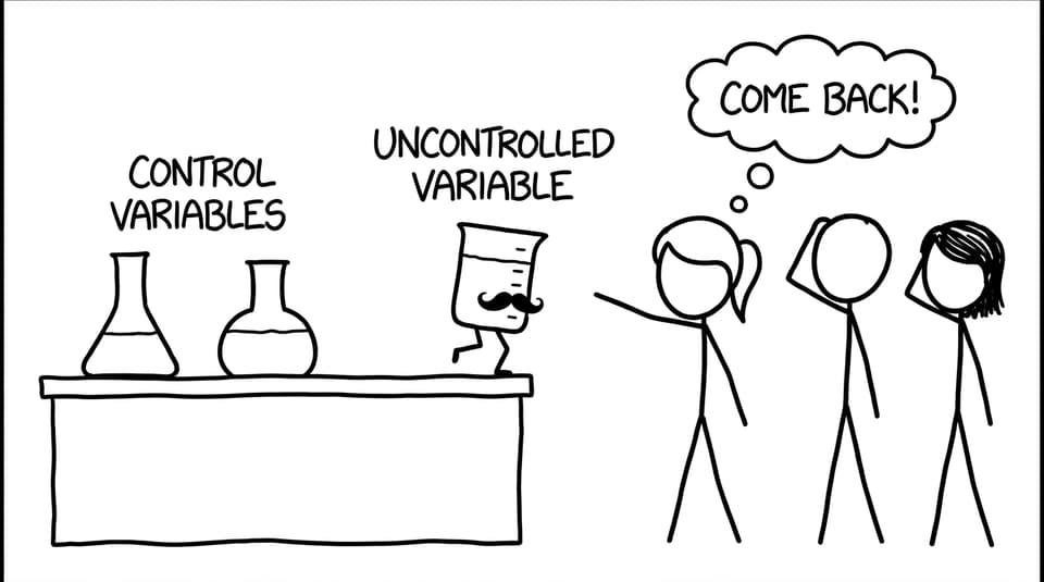A mustached “uncontrolled variable” sneaks away from the lab bench