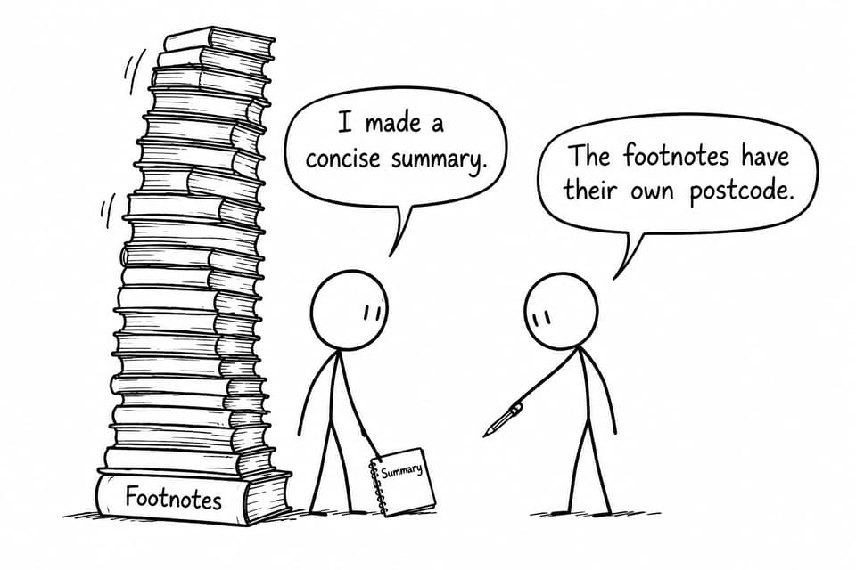 Two students compare a concise summary with an enormous stack of footnotes in a library