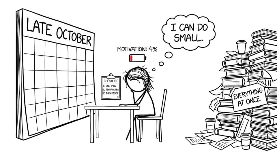XKCD-style comic of an IB student using a tiny-task checklist when motivation is low