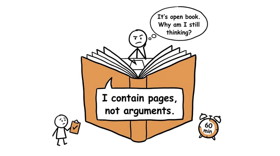 An enormous open book reminds a student that pages do not supply arguments