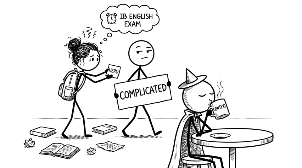 A student tries to label a character “HERO” but the character insists they’re “COMPLICATED”
