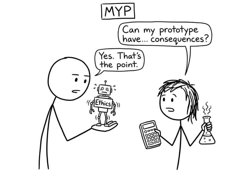 Nervous robot holding an Ethics sign