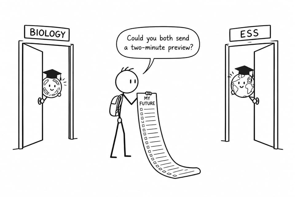 A student asks Biology and ESS for a short preview while carrying an oversized list labelled My Future