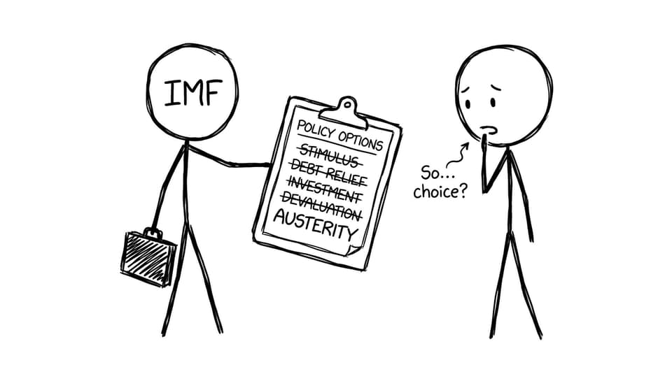 IMF stick figure offering a crossed-out list of policy options except austerity
