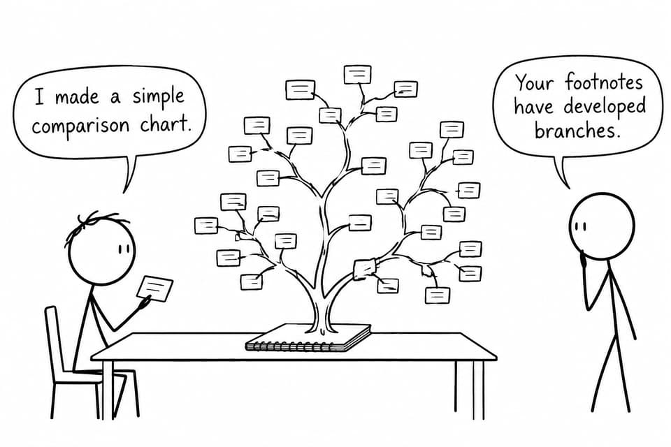 A student holds a small comparison card while an unexpectedly large tree of footnotes grows from the notebook