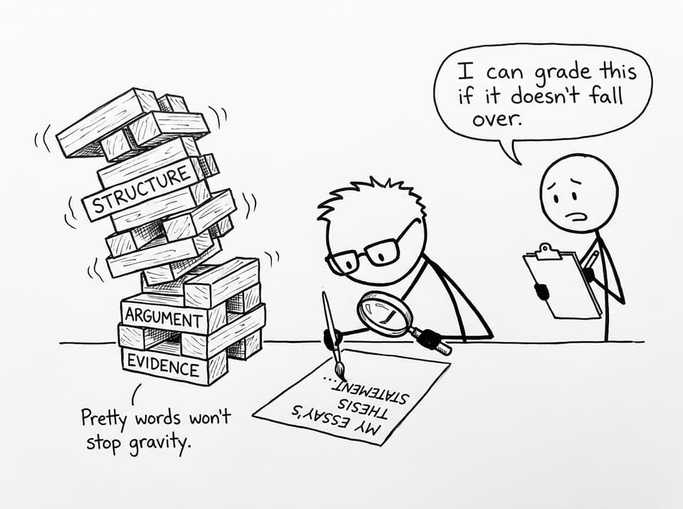 Student polishing fancy writing while IA structure wobbles